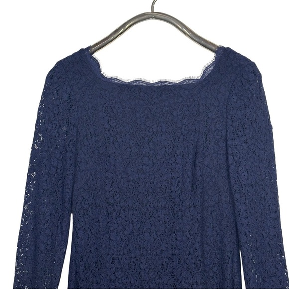 ADRIANNA PAPELL NAVY BLUE SCALLOPED LACE 3/4 SLEEVE SHEATH COCKTAIL DRESS - Picture 7 of 13